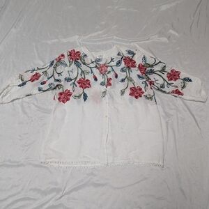 Embroidered Rose Floral Boho Coastal Cowgirl Button Front 3/4 Sleeve Blouse L